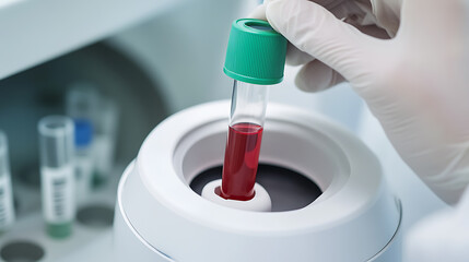 Fototapeta premium Blood Sample Analysis: A gloved hand places a blood-filled test tube in a centrifuge, focusing on medical diagnostics and laboratory testing for health analysis.