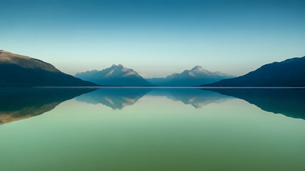 Calm lake reflecting mountains under clear sky