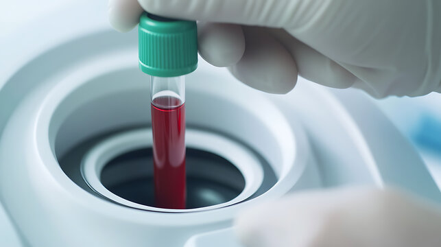 Lab Sample Analysis: Gloved hand places a blood sample in a laboratory machine for examination. Healthcare diagnostic process, medical research, and clinical study.