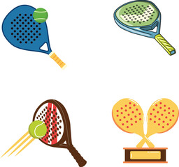 Vector art of set of four padel tennis illustrations, showcasing different racket designs and a trophy, perfect for sports enthusiasts