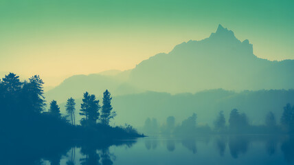 Misty mountain landscape with calm lake and pine trees at dawn