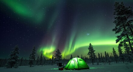 Camping under the northern lights lapland landscape winter wilderness low angle nature's spectacle