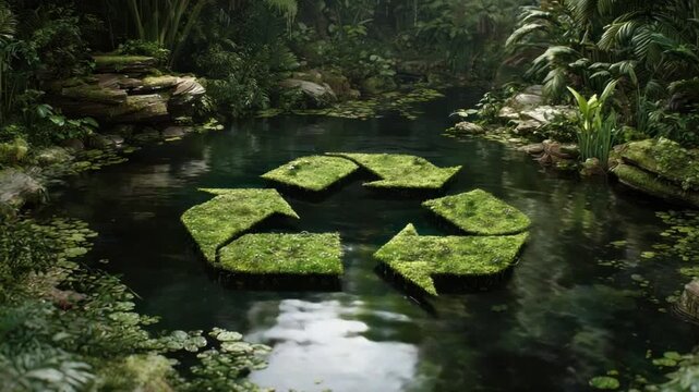 Eco-Conscious Oasis: A symbolic recycle icon, crafted from lush green foliage, floats serenely on a tranquil pond. The scene whispers of sustainability, environmental consciousness.