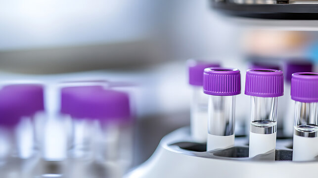 Lab Analysis: Test tubes with purple caps stand in a white holder. Scientific research, medical testing, and analytical procedures in a laboratory setting.