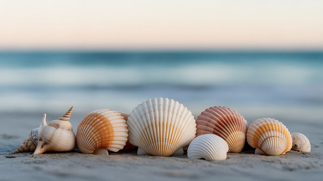 Seashells arranged on sandy beach with ocean in background