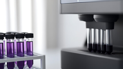 Scientific analysis: Test tubes filled with purple liquid being processed by an advanced laboratory instrument for precise chemical analysis.