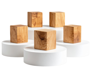 Scattered Wooden Blocks on Round White Pedestals, Angled Side View, isolated on transparent background PNG