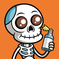 Sunbathing ghosts or beach skeletons Cartoon skeleton character holding and pouring a bottle with yellow liquid