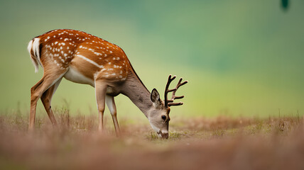 A young spotted deer with developing antlers grazes in a grassy field.