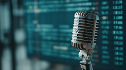 Closeup of vintage silver microphone with digital data overlays showing audio recording and podcasting themes, against a modern background with copy space on the right