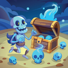 Sunbathing ghosts or beach skeletons Cartoon skeleton and ghost discover treasure chest in spooky night scene