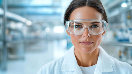 Fototapeta premium Close up of protective goggles on scientist in laboratory, showcasing focus and determination