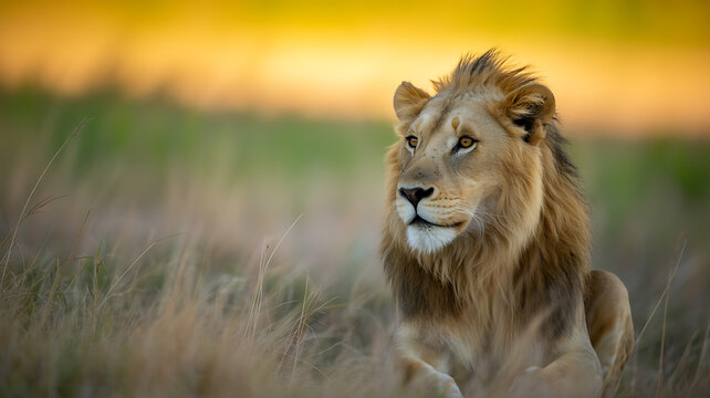 A male lion resting in tall grass during golden hour, with a blurred natural background. - Powered by Adobe
