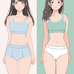 Two women stand side by side, each wearing a simple top and shorts. The woman on the left has a light blue outfit, while the one on the right wears a green top with white bottoms.