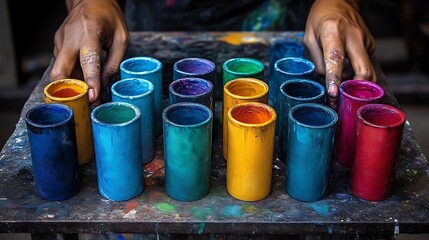 Hands over colorful cylindrical paint containers