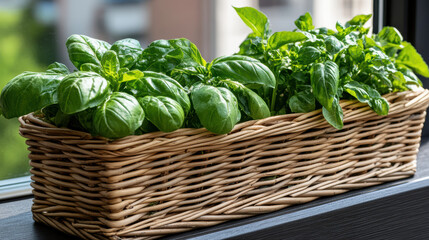 Fresh basil plants wicker basket windowsill, showcasing vibrant green leaves and healthy growth