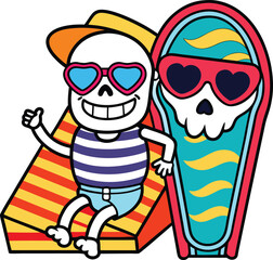 Sunbathing ghosts or beach skeletons Skeleton character relaxing on a beach chair with a coffin surfboard