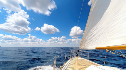 Obraz premium Sailboat gliding over calm ocean waters under bright blue sky with fluffy clouds