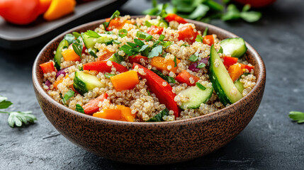 Fresh quinoa salad with colorful vegetables and herbs, perfect for healthy meal