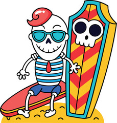 Sunbathing ghosts or beach skeletons Skeleton surfer with coffin on a sunny beach vacation