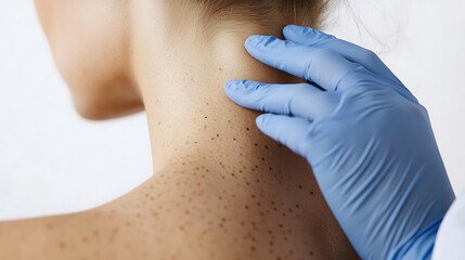 Naklejka premium Dermatological Exam: A gloved hand examines skin with moles. Regular skin checks are important for health. Early detection is key for treatment.