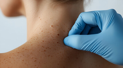 Skin check for moles: Doctor examines patient's neck for unusual spots, promoting early skin cancer detection and health awareness.