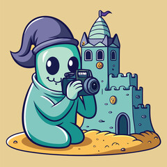 Sunbathing ghosts or beach skeletons Cute ghost character photographs a sandcastle on a beach