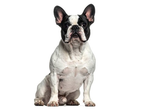 A black and white French Bulldog sits facing forward against a white background