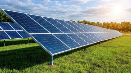 Close up of solar array in field with green grass and blue sky, showcasing renewable energy