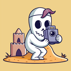 Sunbathing ghosts or beach skeletons Cute skeleton character taking photos at the beach with sandcastles