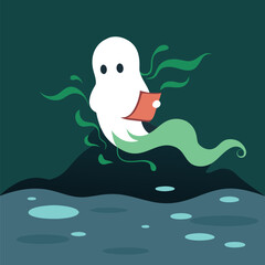Sunbathing ghosts or beach skeletons Cute ghost reading a book in a dark eerie setting