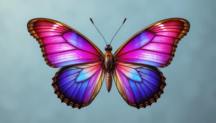 Closeup of a vibrant butterfly with pink and purple wings, showcasing intricate patterns and delicate details