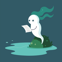 Sunbathing ghosts or beach skeletons Cute ghost reading a book by a puddle