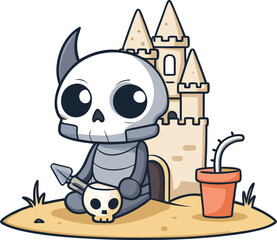 Sunbathing ghosts or beach skeletons Cute skeleton character building a sandcastle with a tiny skull bucket