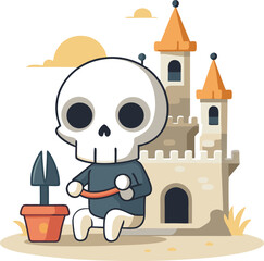 Sunbathing ghosts or beach skeletons Cute skeleton character building a sandcastle