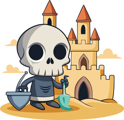 Sunbathing ghosts or beach skeletons Cute cartoon skeleton building a sandcastle at the beach