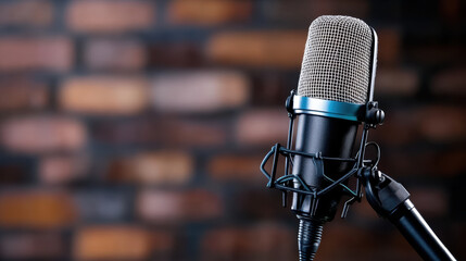 High fidelity microphone close up with glowing effect against textured background