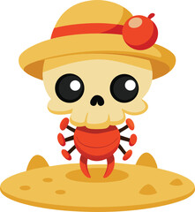 Sunbathing ghosts or beach skeletons Cute cartoon skull wearing a sun hat on a sandy beach