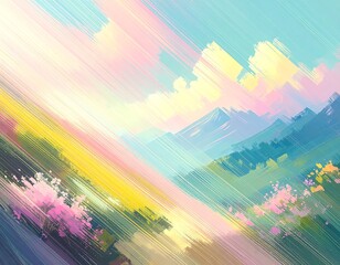Vibrant, stylized landscape with pastel mountains and blooming flowers, depicted with dynamic diagonal brushstrokes