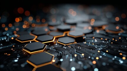 Abstract Technological Landscape of Interconnected Hexagons Glowing with Warm Light and Circuitry Against a Dark Background Creating Intricate Patterns