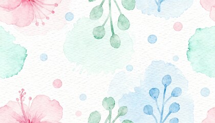 Watercolor Botanical Delight: A seamless watercolor pattern with delicate floral and botanical elements. The illustration showcases the beauty of spring in a soft, artistic fashion.