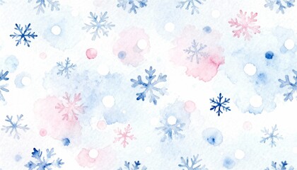 Snowflake Watercolor Texture: Delicate, painted watercolor snowflake pattern in gentle hues of blue and pink, showcasing winter's gentle beauty.