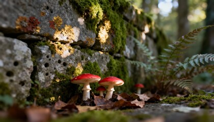 Mystical Mushrooms: Vibrant red mushrooms with white stalks thrive near an aged stone wall covered in lush moss and ferns.