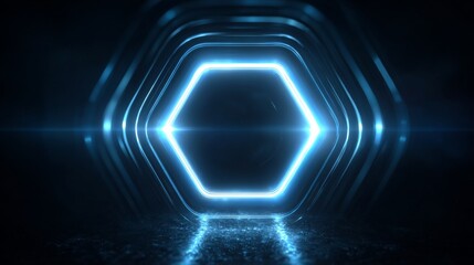 Futuristic Hexagonal Tunnel with Blue Neon Lights Creating an Immersive and Technological Atmosphere, Illuminating Dark Space with a Sci-Fi Feel