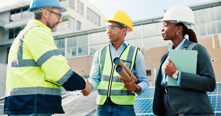 Solar panel, technician or handshake with blueprint outdoor for PV design, installation or welcome. Photovoltaic team, people or shaking hands with tech on rooftop for renewable energy or maintenance