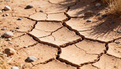 Dry earth: Capturing a stark, close-up view of parched earth, with cracked surfaces, pebbles, and remnants of arid grass.