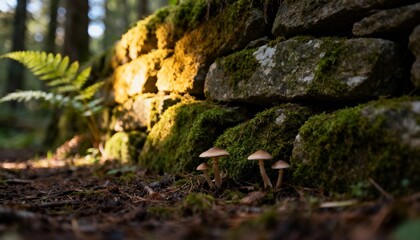 Sun-Kissed Stone Wall with Mushrooms: In a serene woodland setting, a weathered stone wall is bathed in golden sunlight. Mushrooms peek from the moss-covered ground, and a fern unfurls.