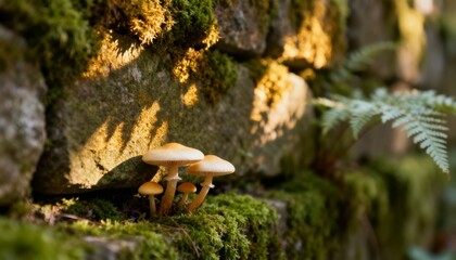Mushroom Growing on Rock Wall: Discover the intriguing world of fungi as several mushrooms cluster together on a moss-covered rock wall.