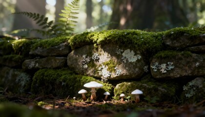 Mossy Wall and Mushrooms: A charming woodland scene reveals an old stone wall adorned with vibrant green moss and surrounded by a cluster of delicate mushrooms.