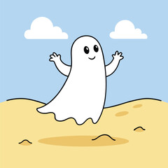 Sunbathing ghosts or beach skeletons Cute cartoon ghost floating happily on a sandy beach under a blue sky